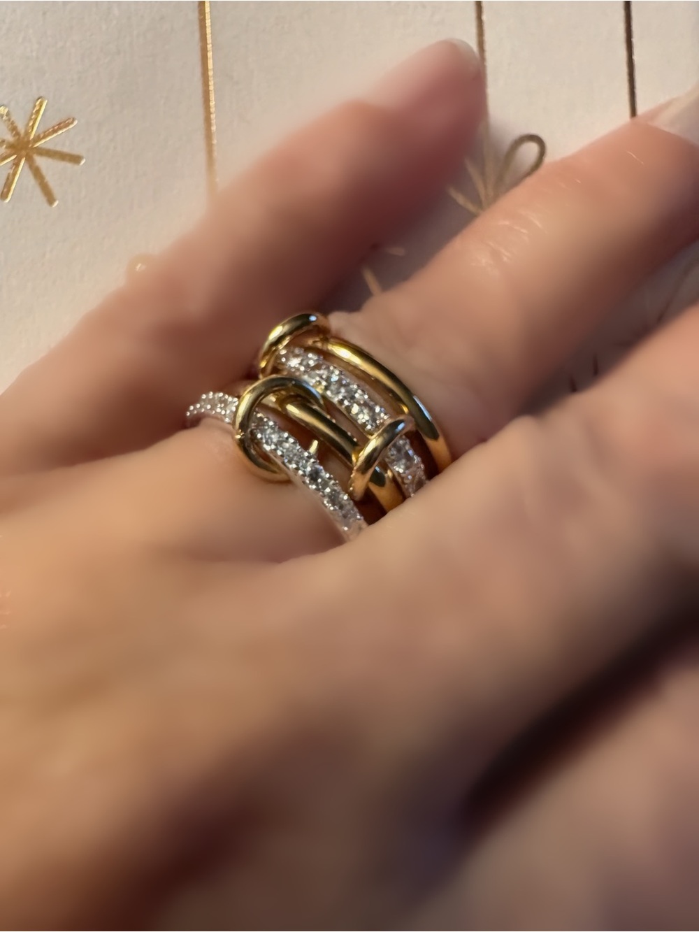 18kt Two-Tone Gold plated and Silver Pave Link Ring - Sparkling Women's Band